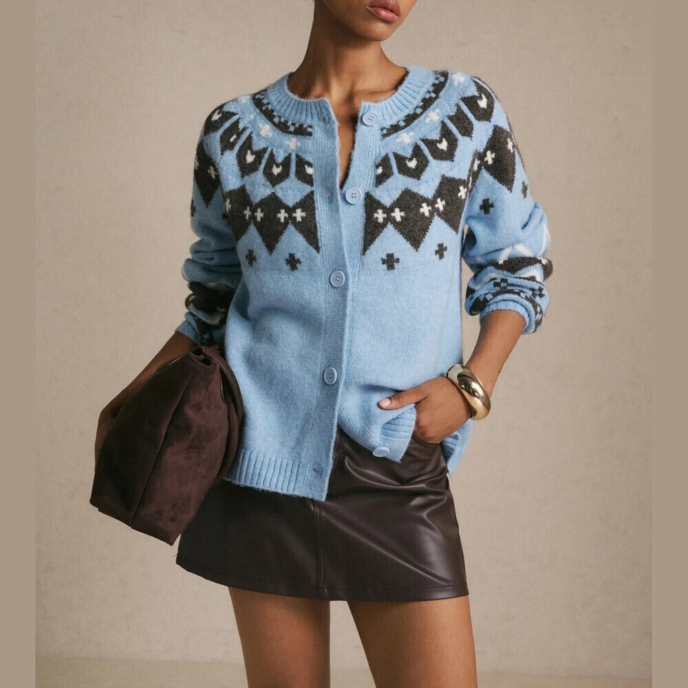 Sky Blue / Black Fair Isle Jacquard Button Front Knit Cardigan